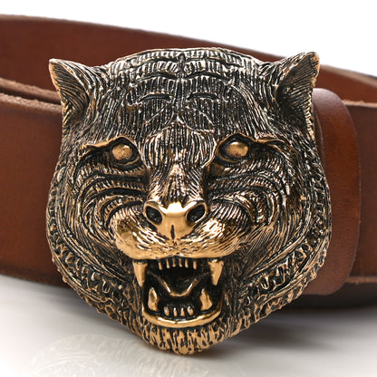 Gucci Calfskin Brass Feline Buckle Belt 80 32 Brown 2 of 11