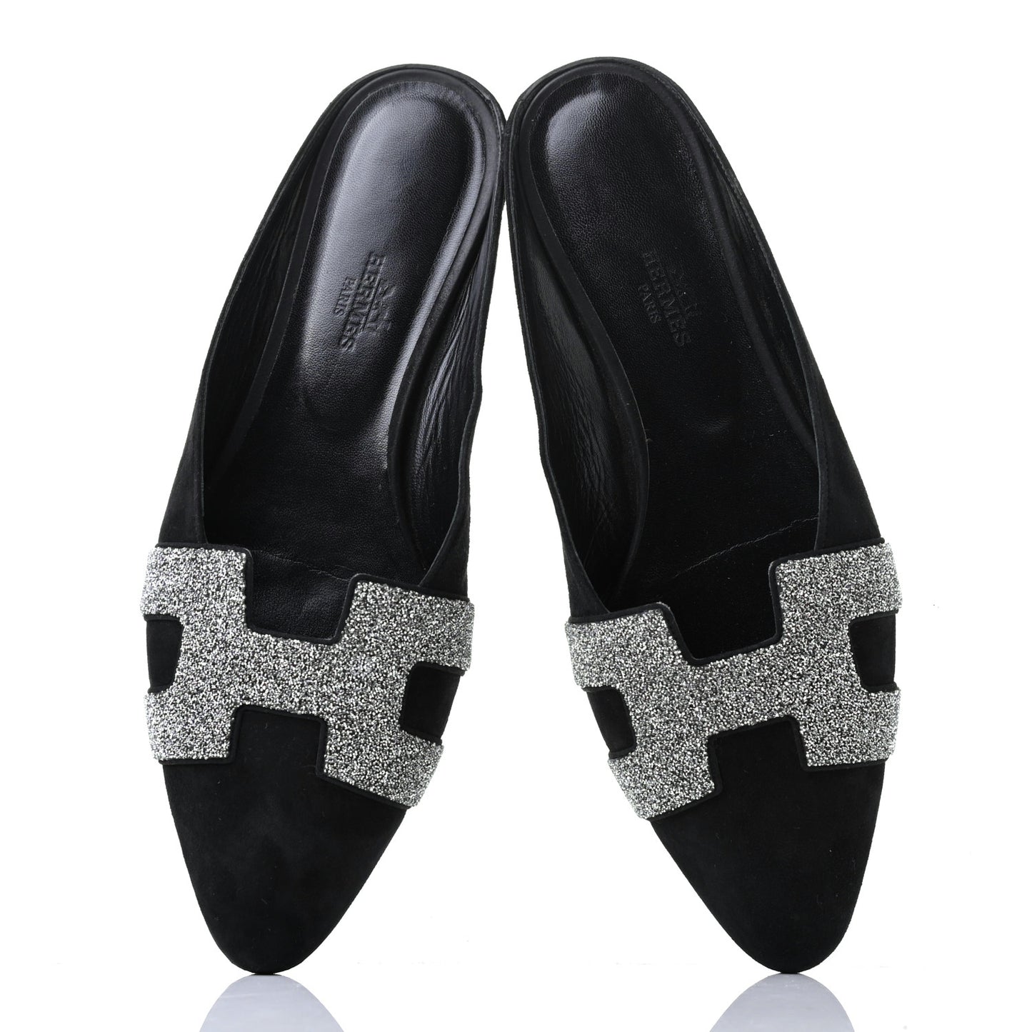 Suede Goatskin Crystal Roxane Mules 38 Gris Argente Black