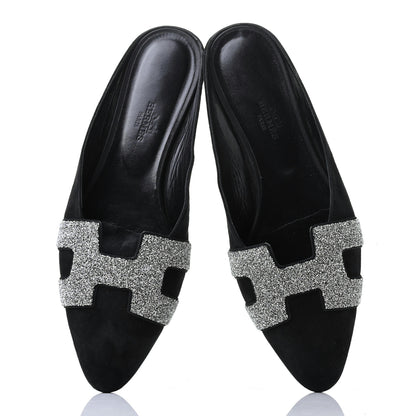 Hermes Suede Goatskin Crystal Roxane Mules 38 Gris Argente Black 5 of 8