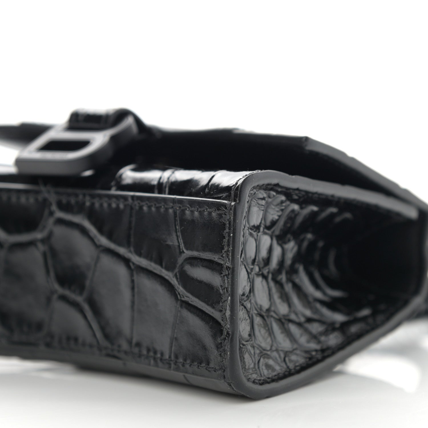 Balenciaga Shiny Calfskin Monochrome Crocodile Embossed Hourglass Top Handle Bag Mini with Chain Black 10 of 10