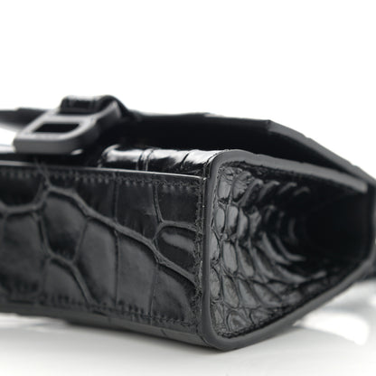 Balenciaga Shiny Calfskin Monochrome Crocodile Embossed Hourglass Top Handle Bag Mini with Chain Black 10 of 10