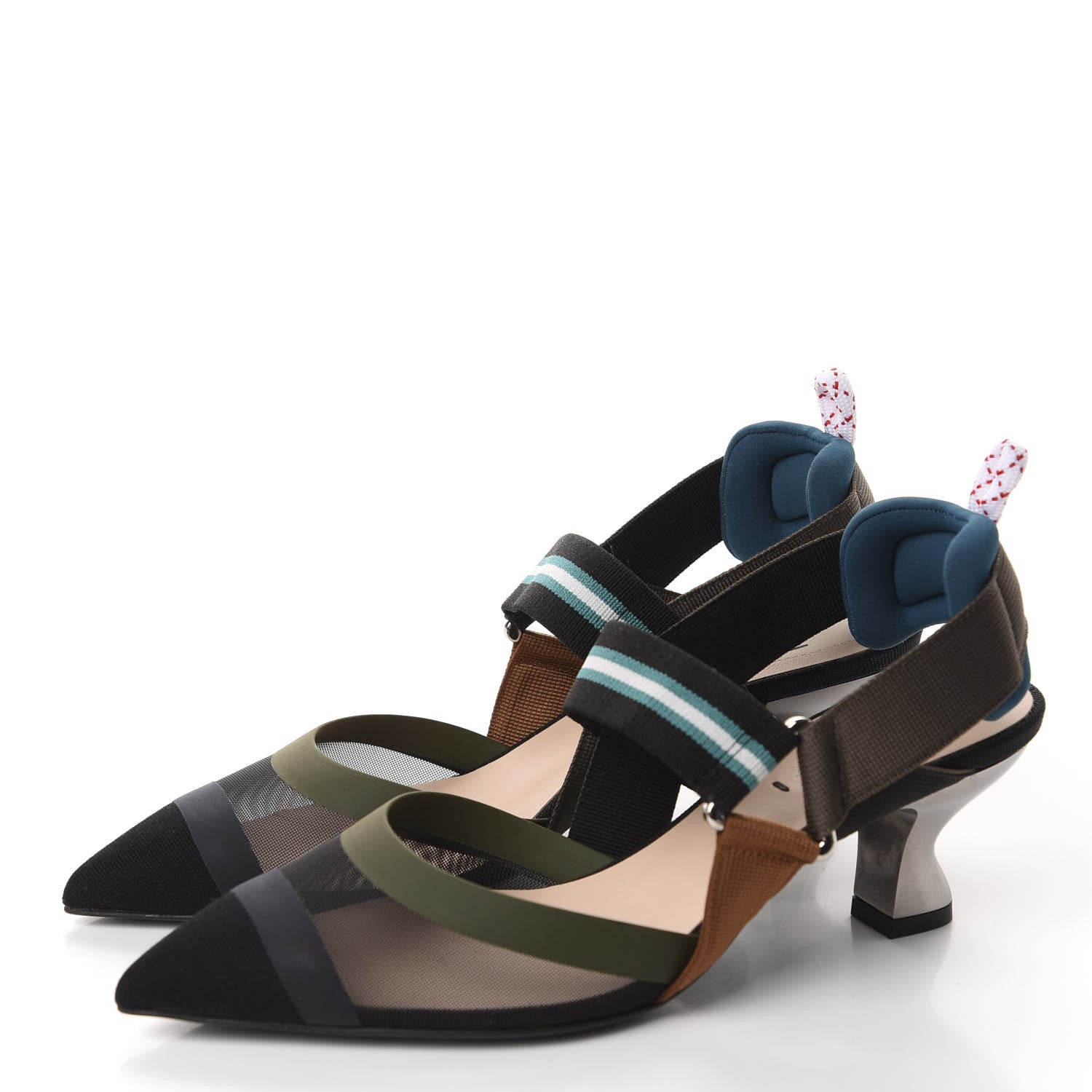 Fendi Technical Mesh Colibri 55mm Slingback Pumps 35 Black Verde Military 3 of 9