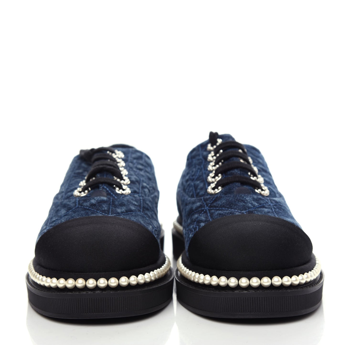 Denim Grosgrain Camellia Pearl Lace Up Sneakers 37 Blue Black