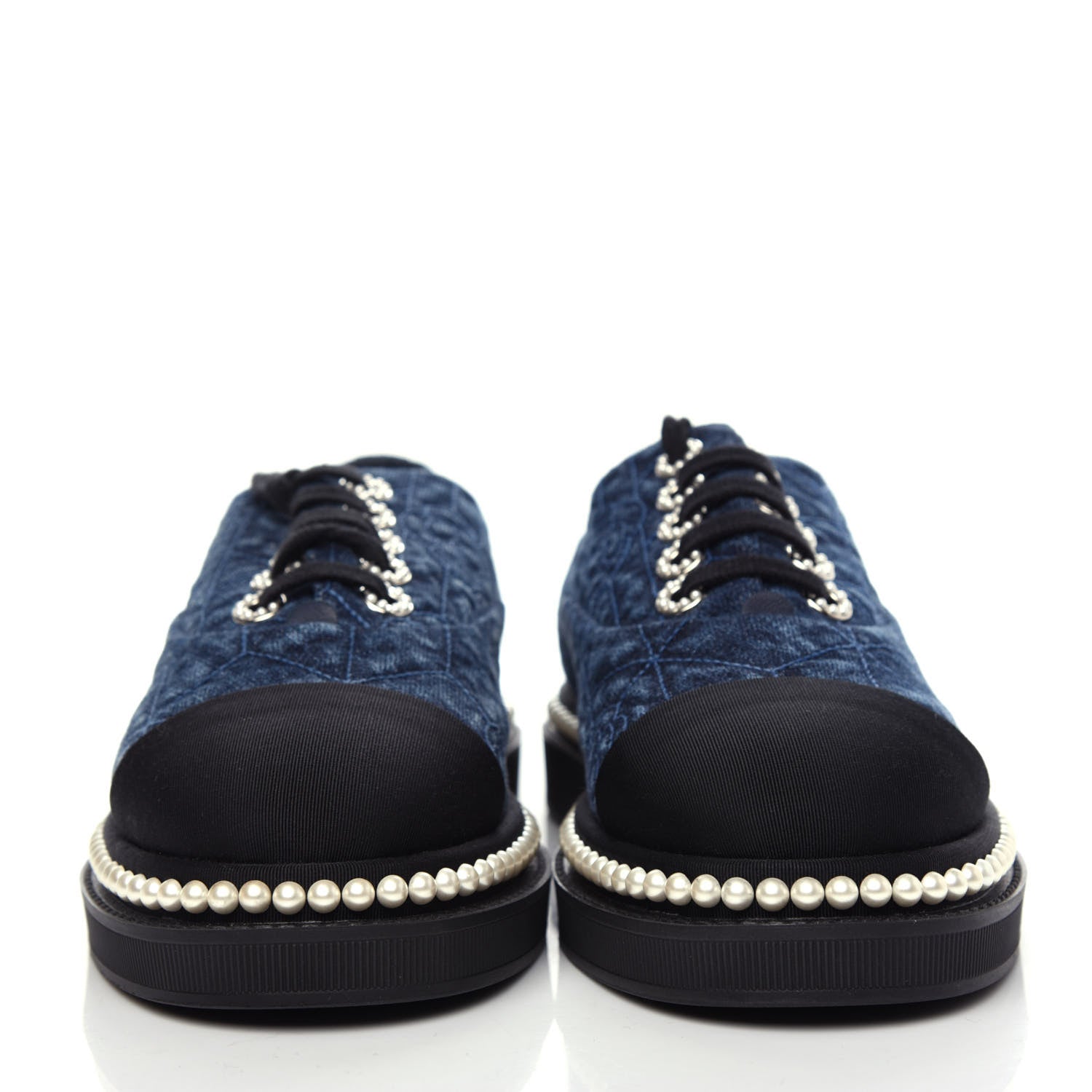 Chanel Denim Grosgrain Camellia Pearl Lace Up Sneakers 37 Blue Black 2 of 10