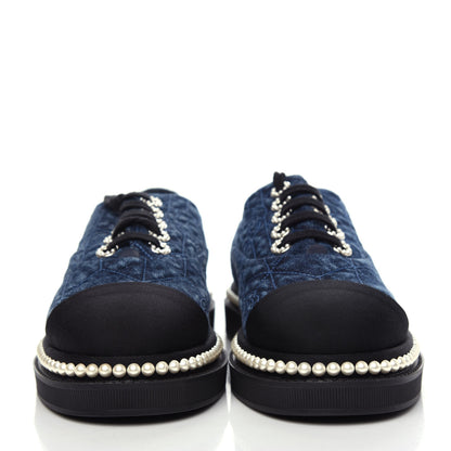 Chanel Denim Grosgrain Camellia Pearl Lace Up Sneakers 37 Blue Black 2 of 10