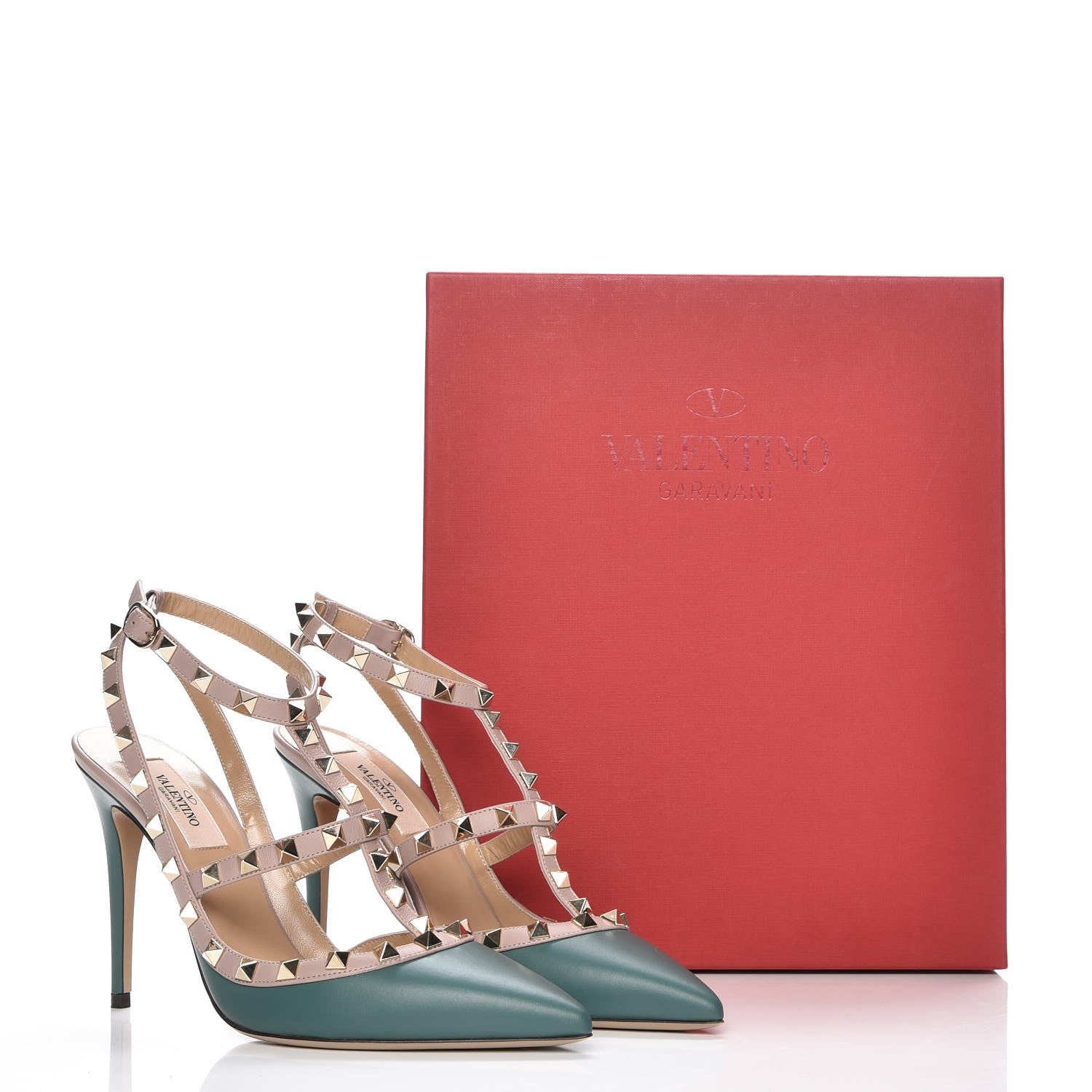 Valentino Garavani Calfskin Nappa Rockstud Ankle Strap 100mm Pumps 38 Giada Poudre 9 of 9