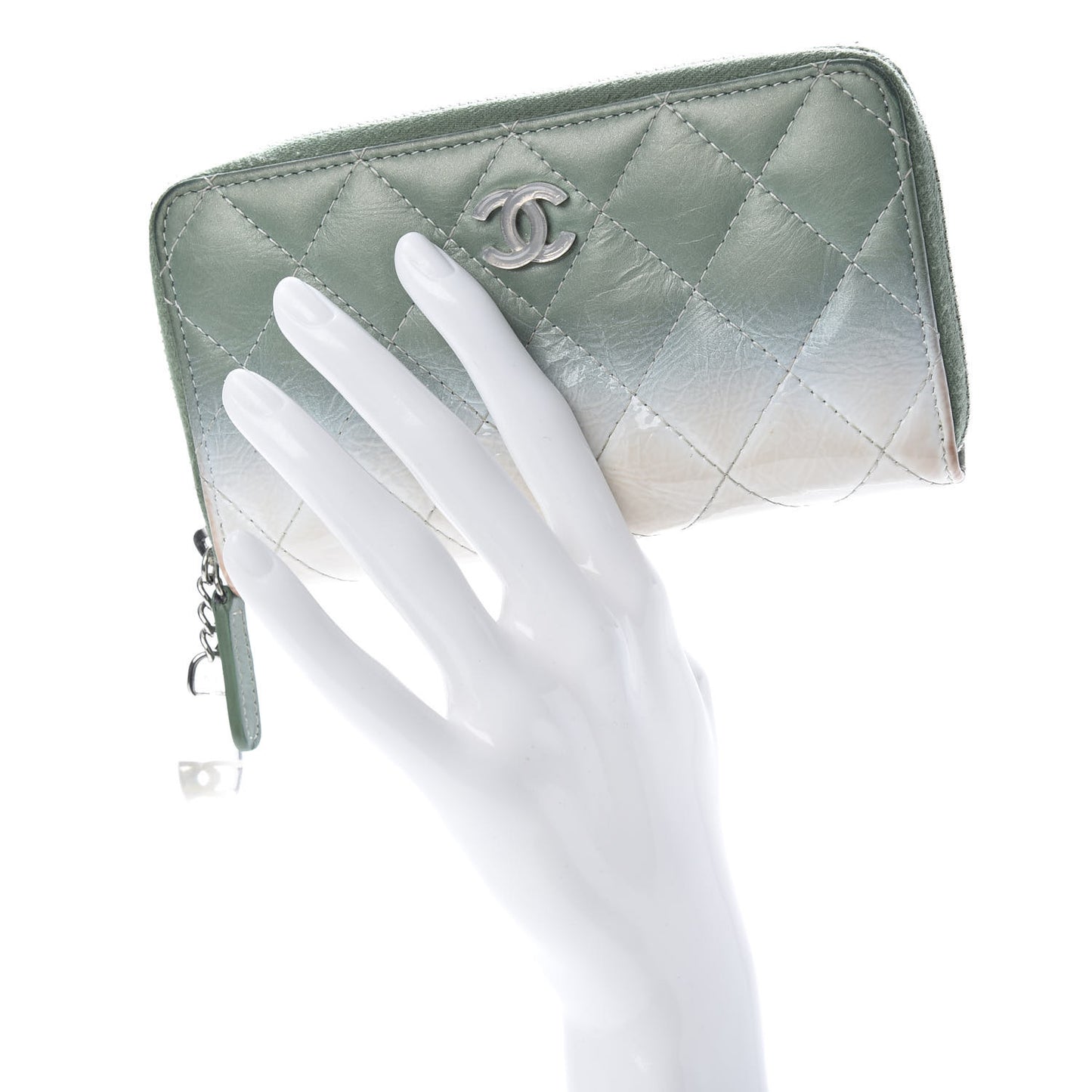 Faded Patent Calfskin Quilted Small Zip Around Wallet Green
