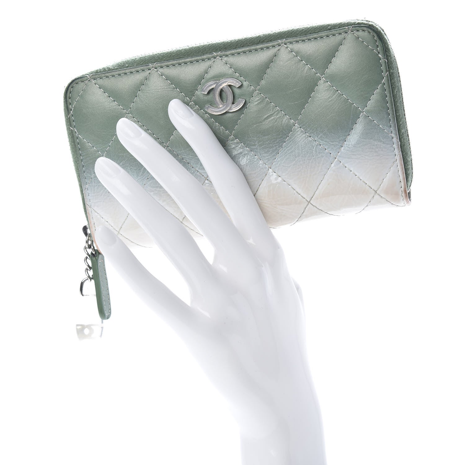 Chanel Faded Patent Calfskin Quilted Small Zip Around Wallet Green 2 of 13