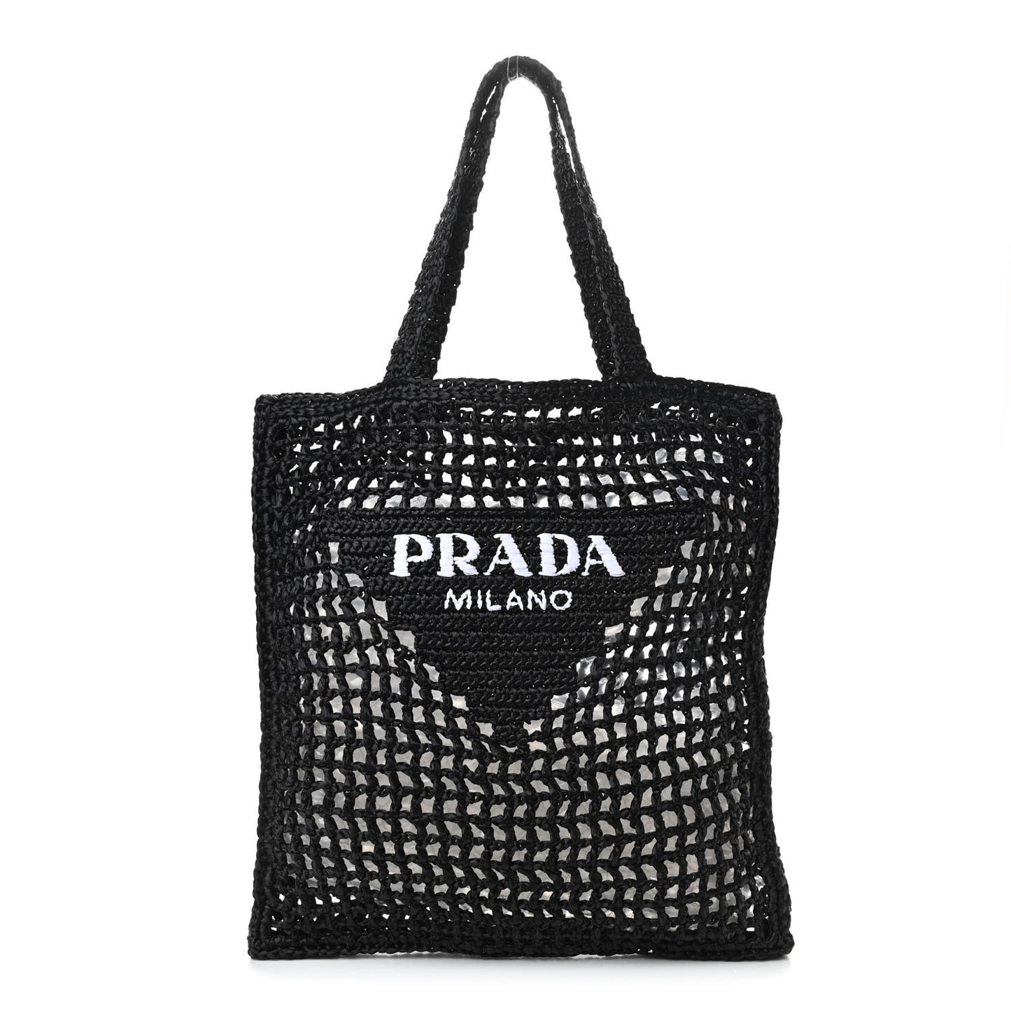 Yarn Raffia Effect Crochet Logo Embroidered Tote Bag Black
