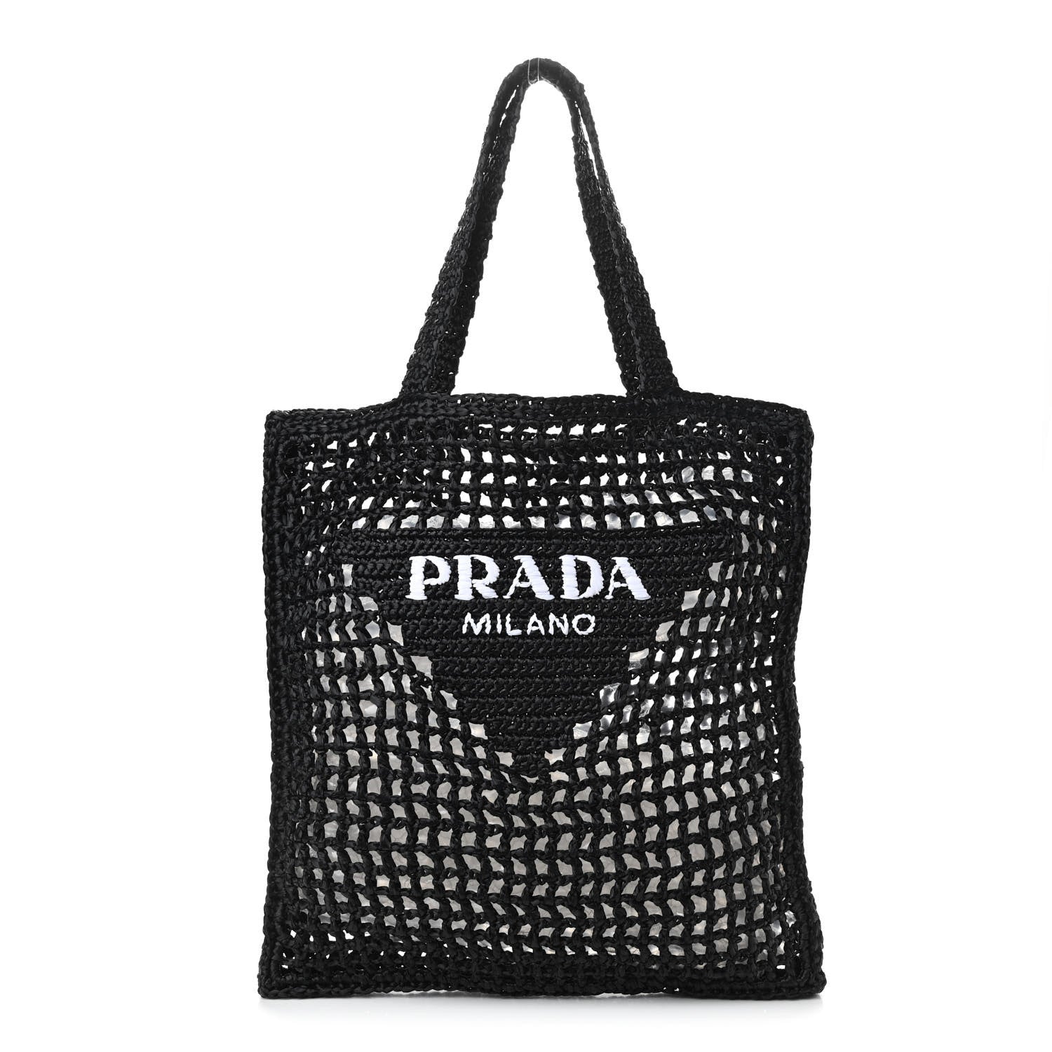 Prada Yarn Raffia Effect Crochet Logo Embroidered Tote Bag Black 1 of 10
