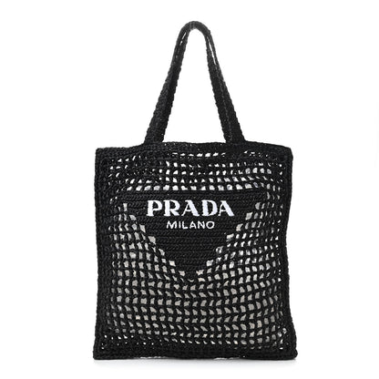 Prada Yarn Raffia Effect Crochet Logo Embroidered Tote Bag Black 1 of 10