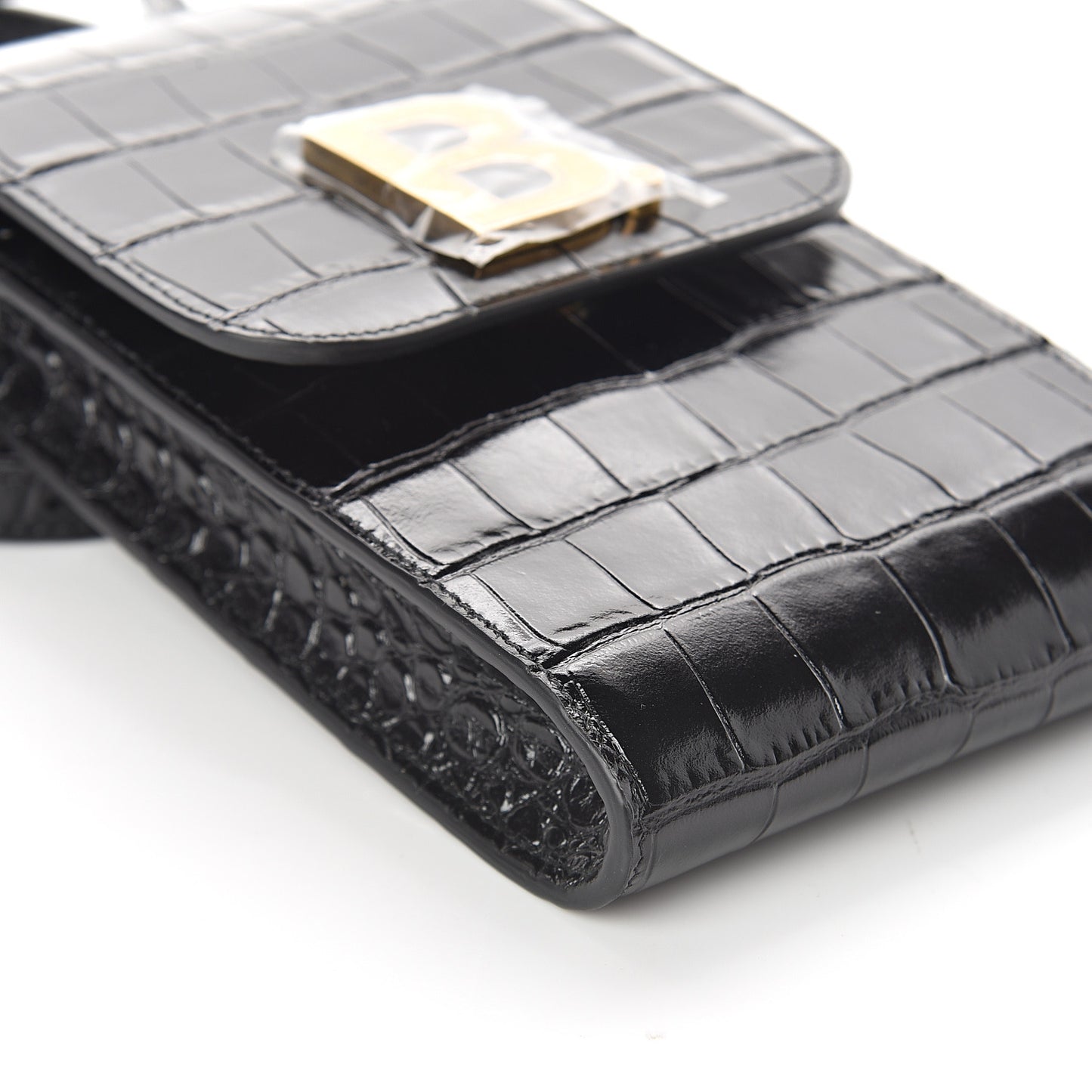 Shiny Calfskin Crocodile Embossed B Phone Holder Black
