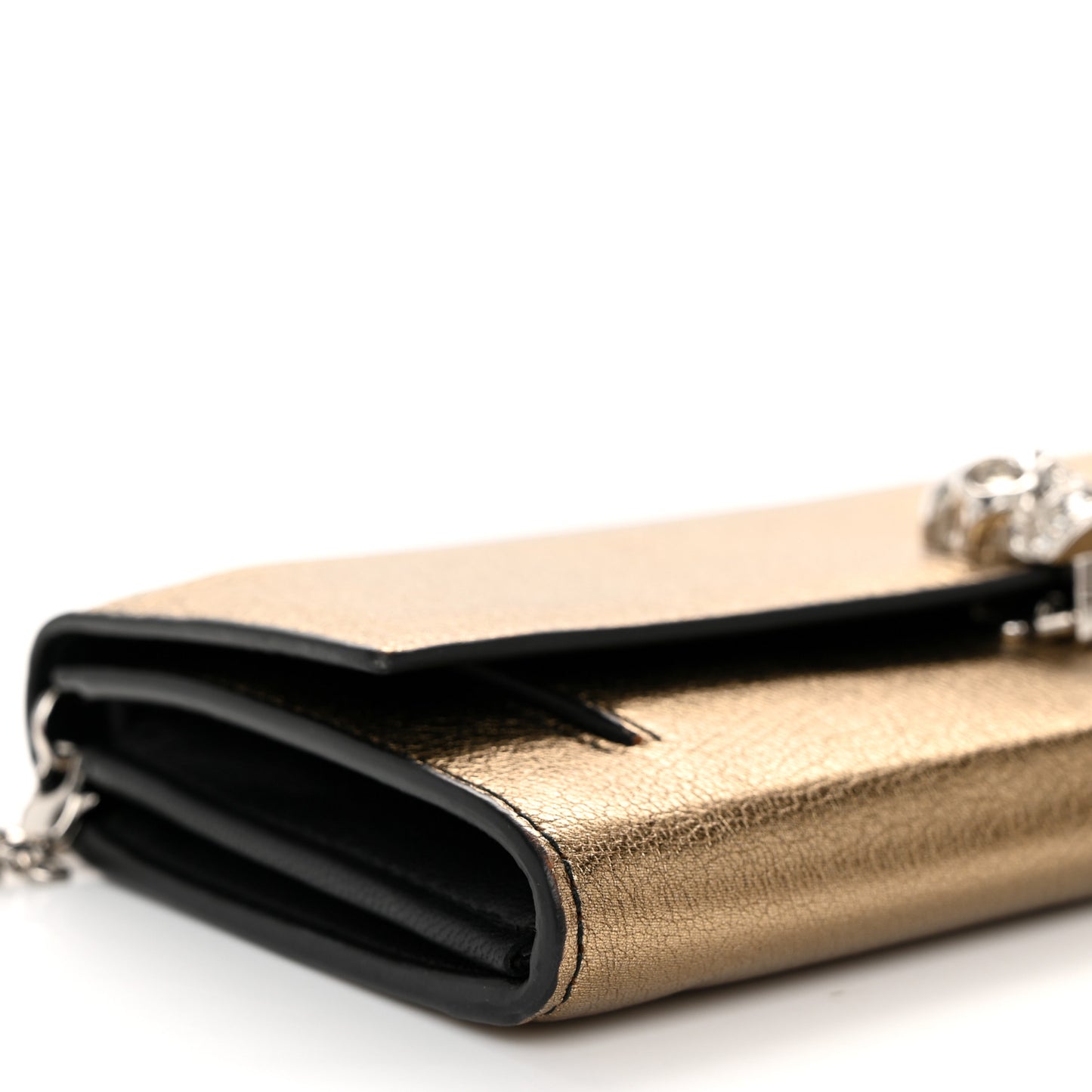 Metallic Pebbled Calfskin Skull Wallet on Chain Gold