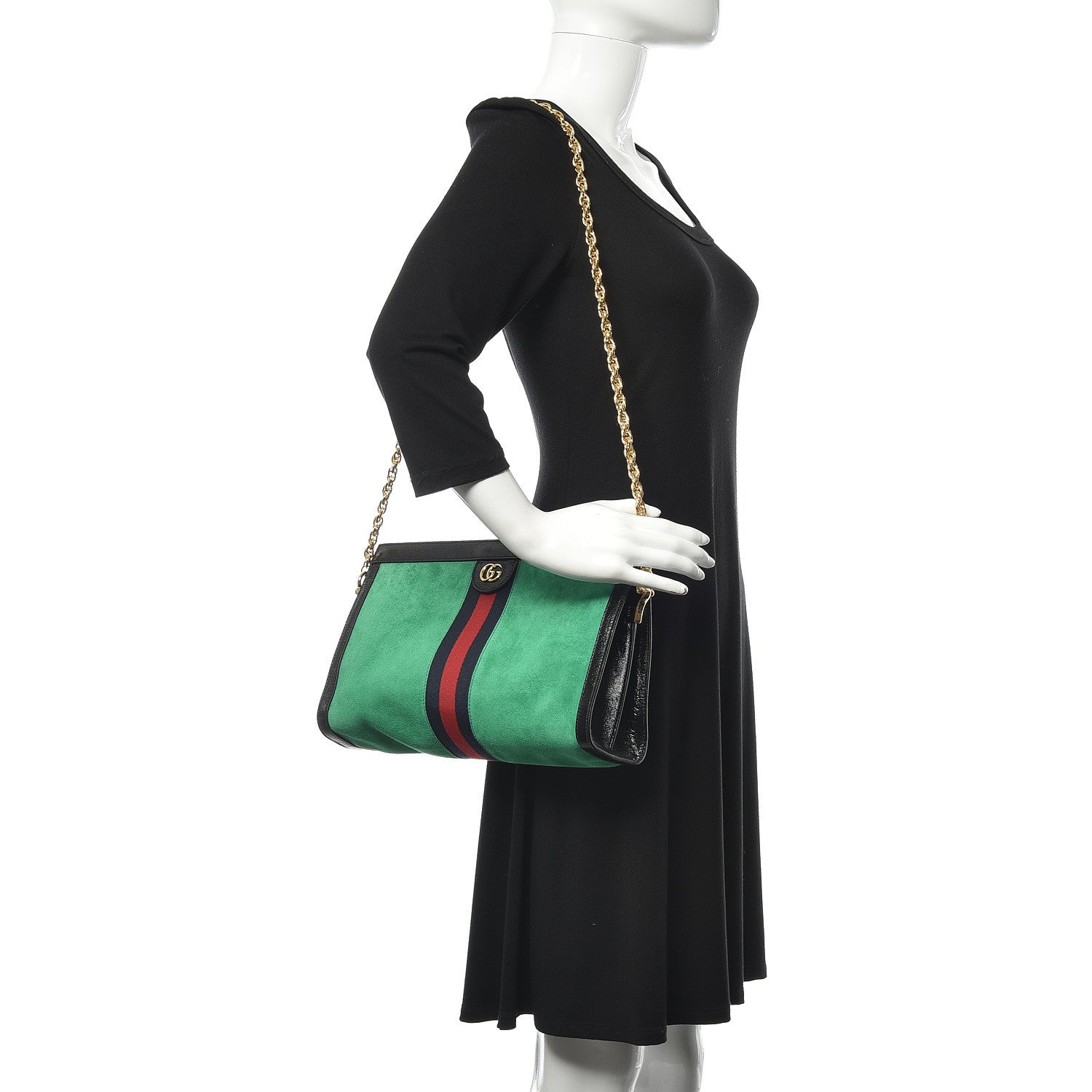 Gucci Suede Patent Web Medium Ophidia Chain Shoulder Bag New Shamarock Black 2 of 12