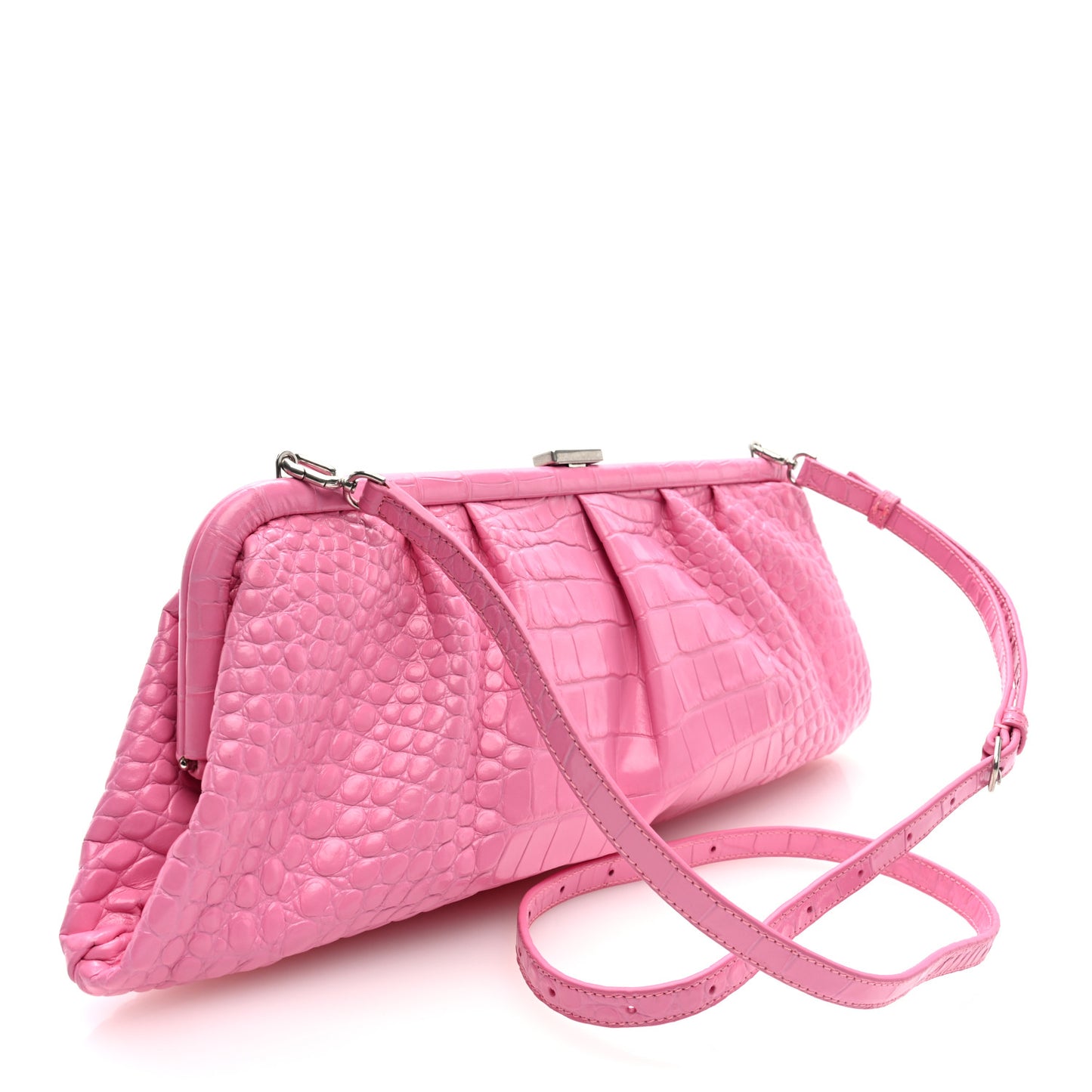 Shiny Supple Calfskin Logo Crocodile Embossed XL Cloud Clutch Pink