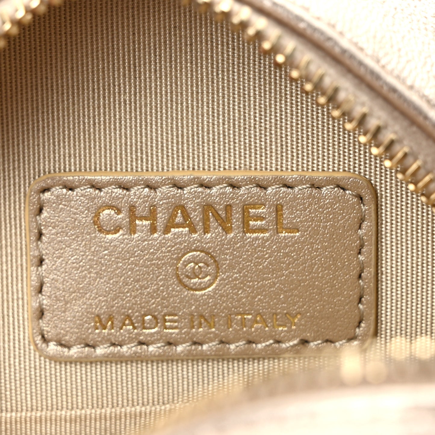 Metallic Lambskin Quilted Chanel 19 Round Clutch With Chain Gold