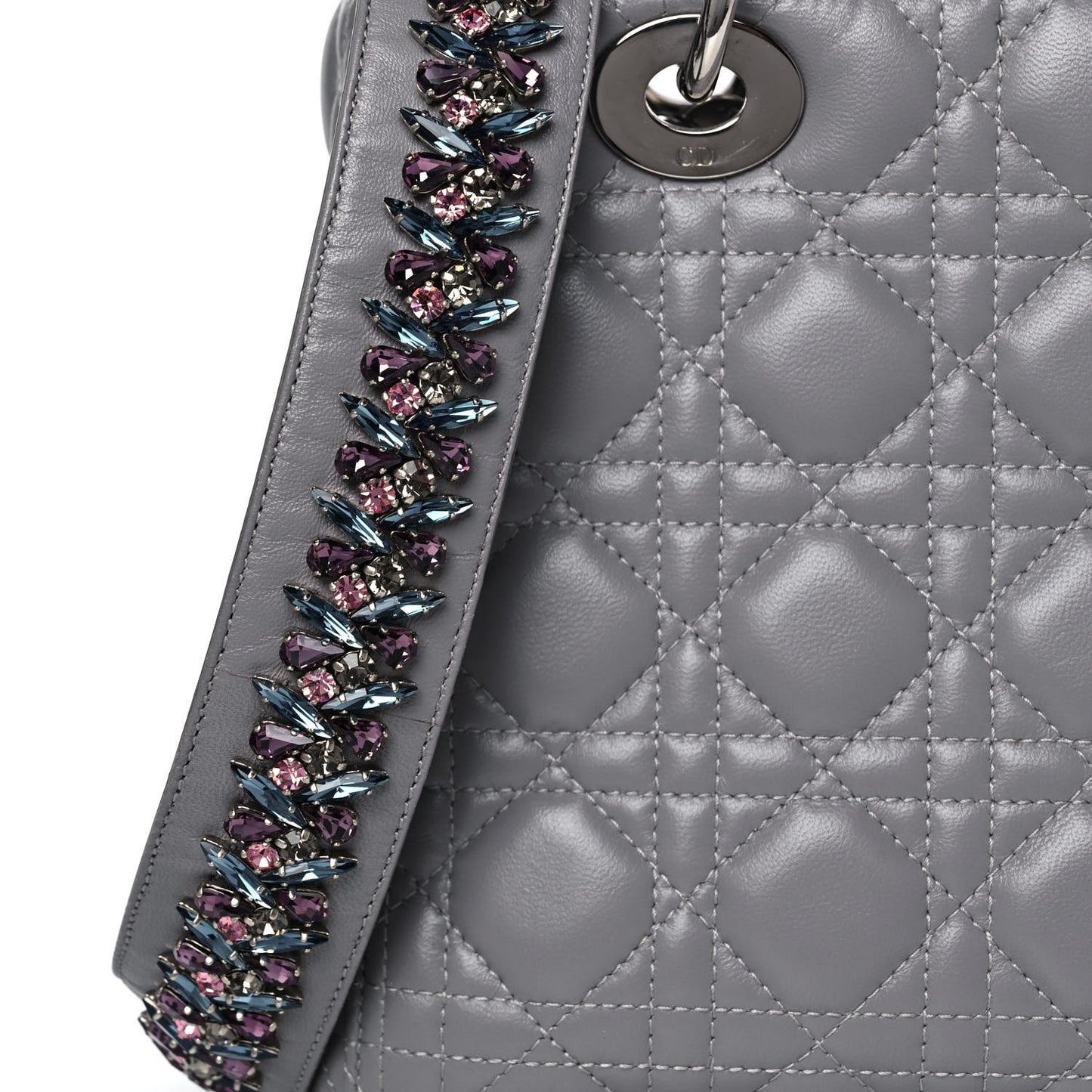 Lambskin Cannage Medium Lady Dior Crystal Strap Grey