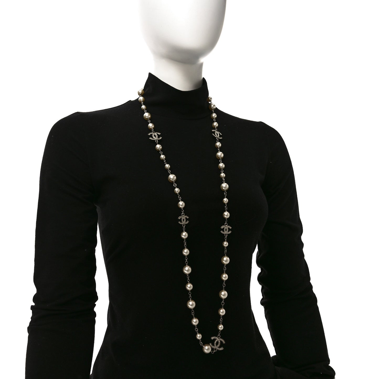 Graduated Pearl Crystal CC Long Necklace Silver