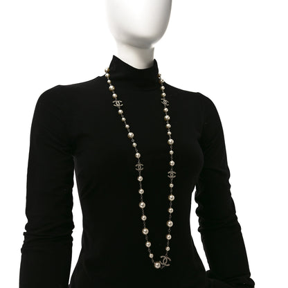 Chanel Graduated Pearl Crystal CC Long Necklace Silver 2 of 7