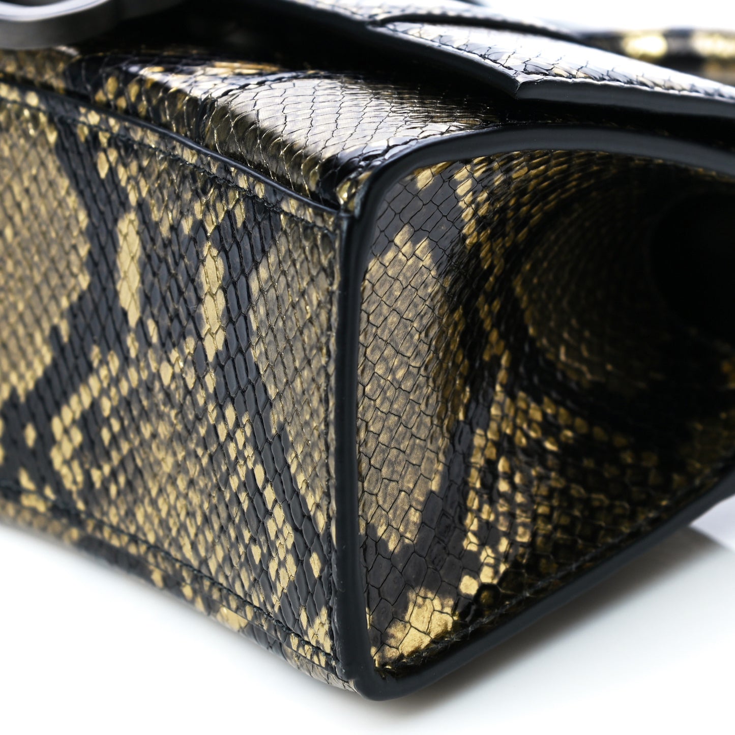 Shiny Calfskin Snakeskin Embossed Hourglass Top Handle Bag XS Gold Black