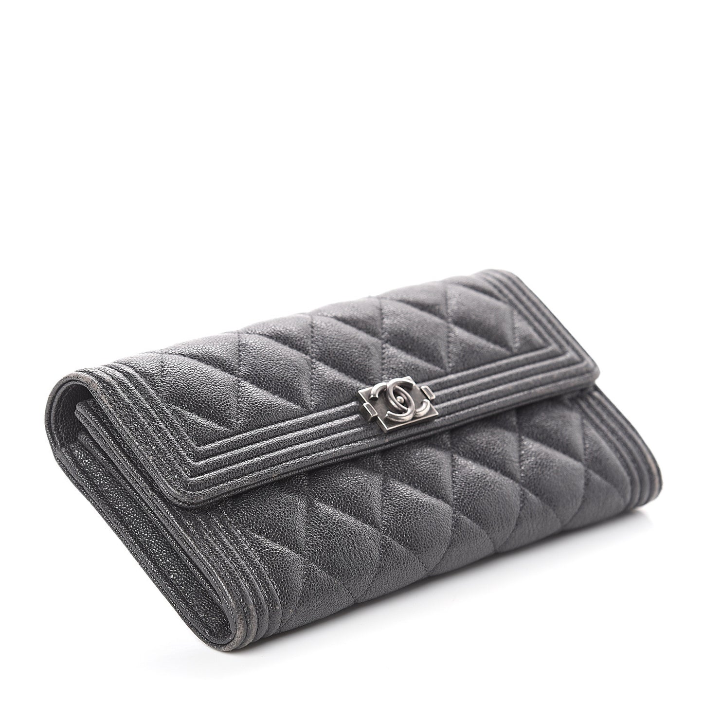 Metallic Caviar Quilted Boy Flap Wallet Black
