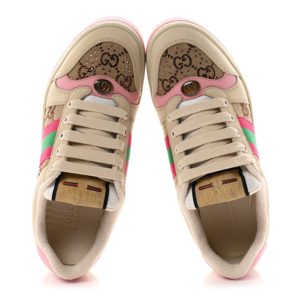 Calfskin GG Supreme Crystals Web Screener Sneakers 37 Beige Ebony Wild Rose