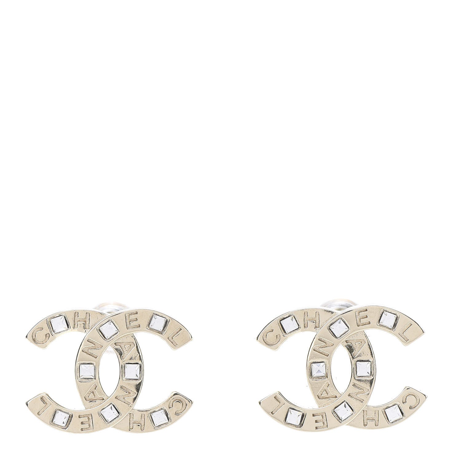 Chanel Crystal Metal CC Paris Button Stud Earrings Gold 1 of 5