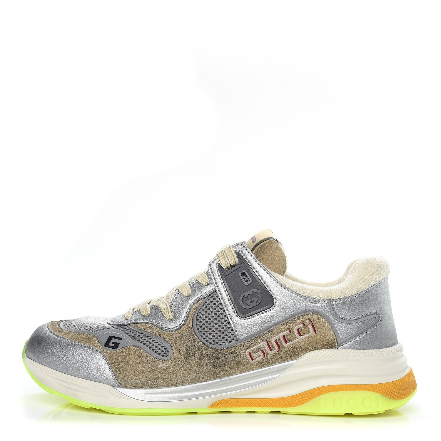 Gucci Metallic Calfskin Suede Mens Ultrapace Sneakers 8.5 Silver Oatmeal 1 of 8