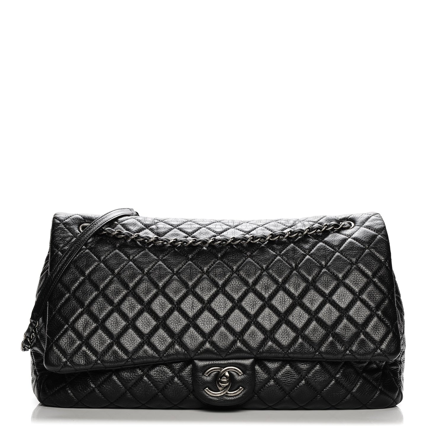 Calfskin Quilted XXL Travel Flap Bag Black