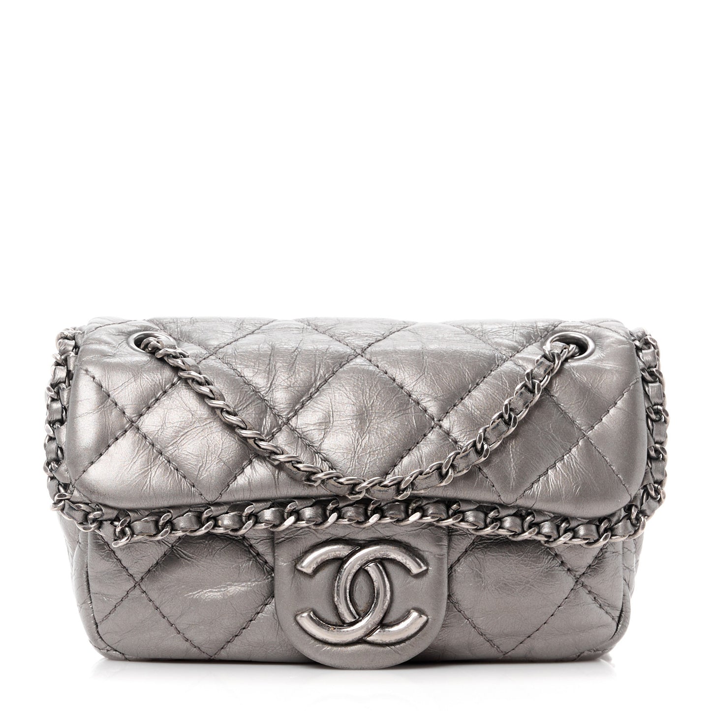 Metallic Calfskin Mini Chain Me Flap Silver