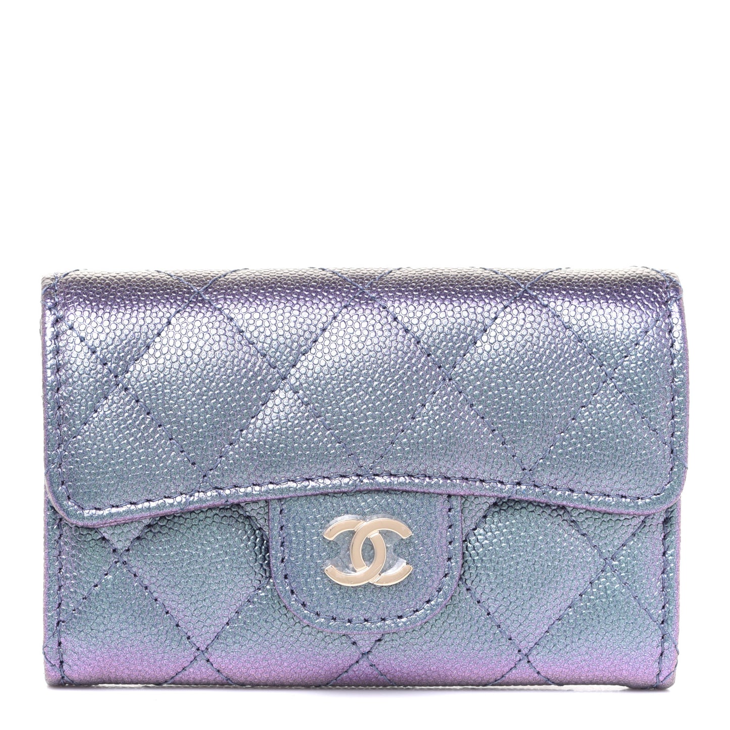 Iridescent Caviar Quilted Flap Card Holder Wallet Dark Blue