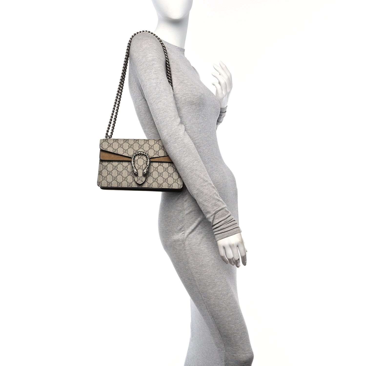Gucci GG Supreme Monogram Suede Crystal Small Dionysus Shoulder Bag Beige Ebony Taupe 2 of 13