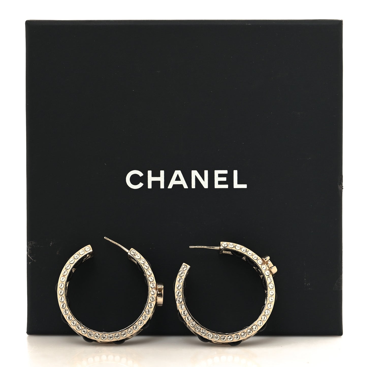 Crystal Lambskin CC Chain Hoop Earrings Gold Black