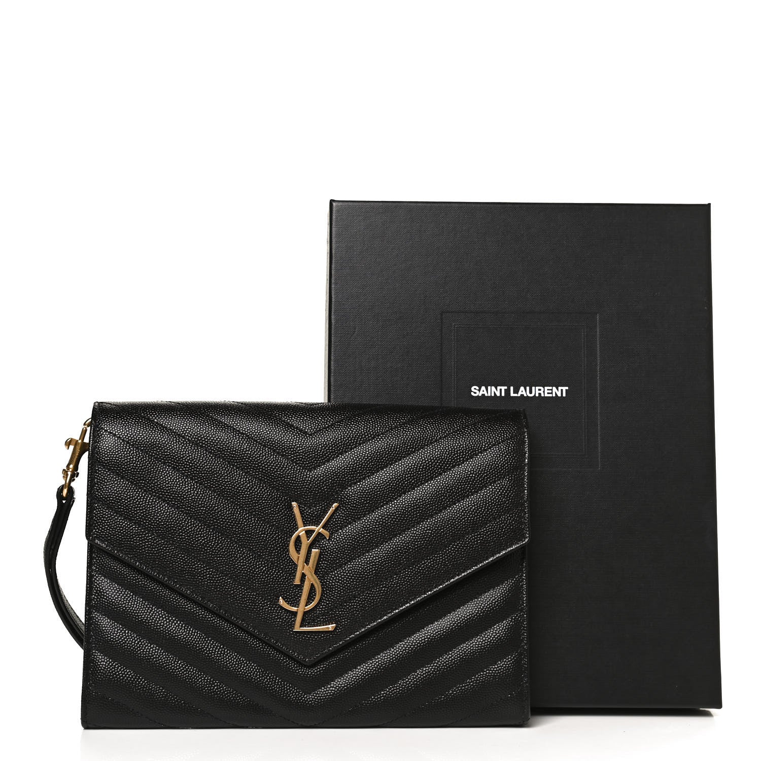 Saint Laurent Grain De Poudre Matelasse Chevron Monogram Envelope Clutch Black 10 of 10