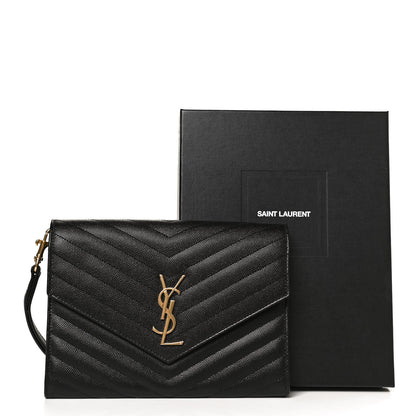 Saint Laurent Grain De Poudre Matelasse Chevron Monogram Envelope Clutch Black 10 of 10