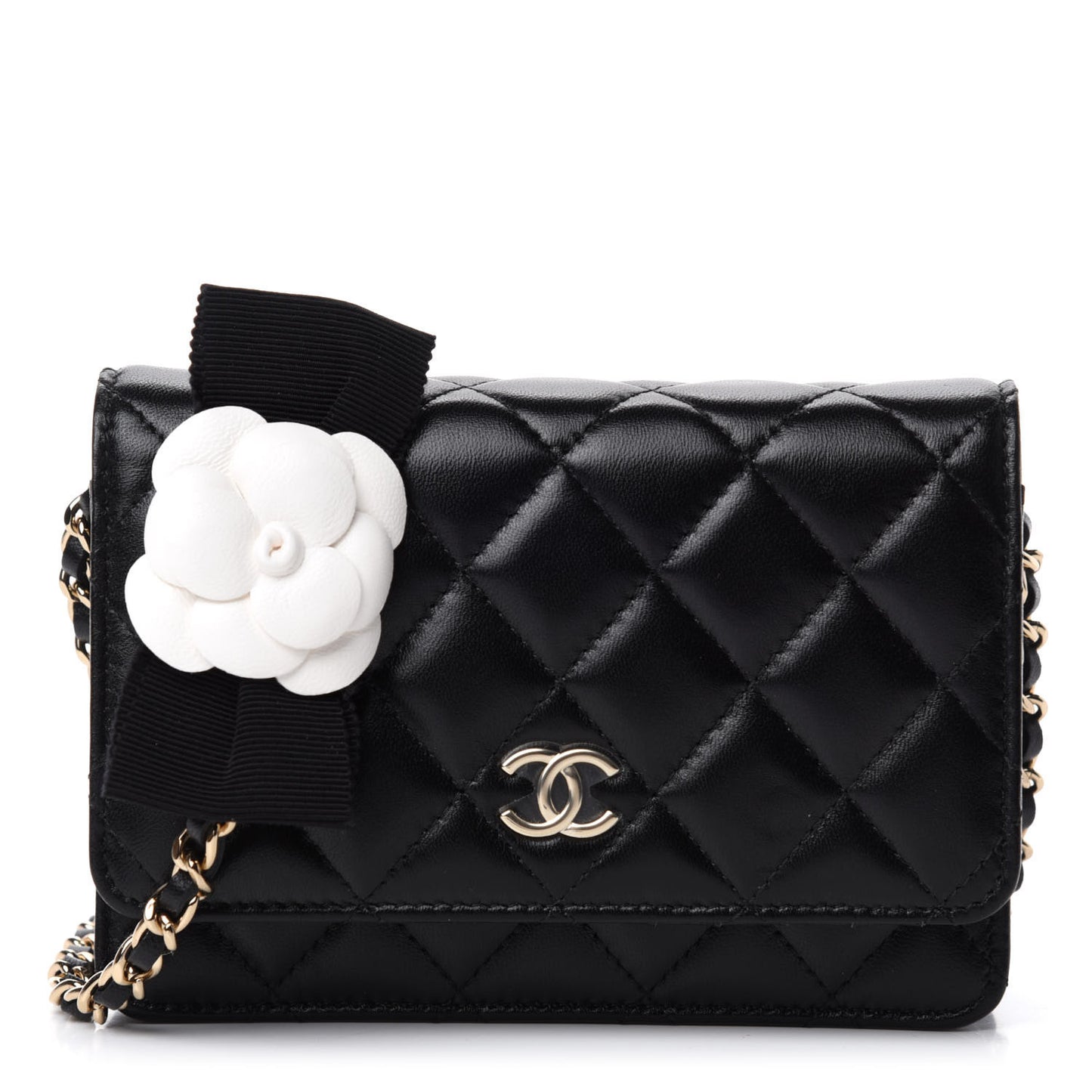 Lambskin Quilted Mini Camellia Bow Wallet On Chain WOC Black