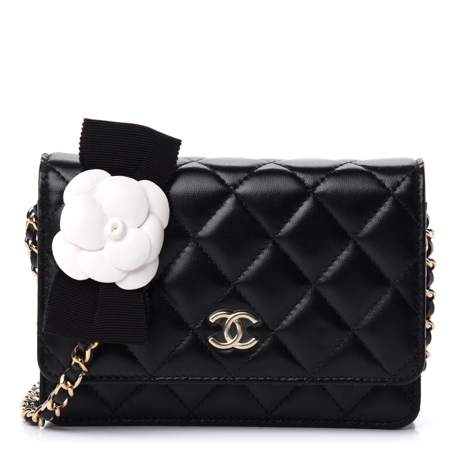 Chanel Lambskin Quilted Mini Camellia Bow Wallet On Chain WOC Black 1 of 11