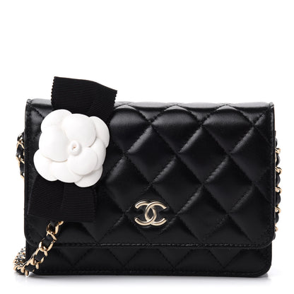 Chanel Lambskin Quilted Mini Camellia Bow Wallet On Chain WOC Black 1 of 11