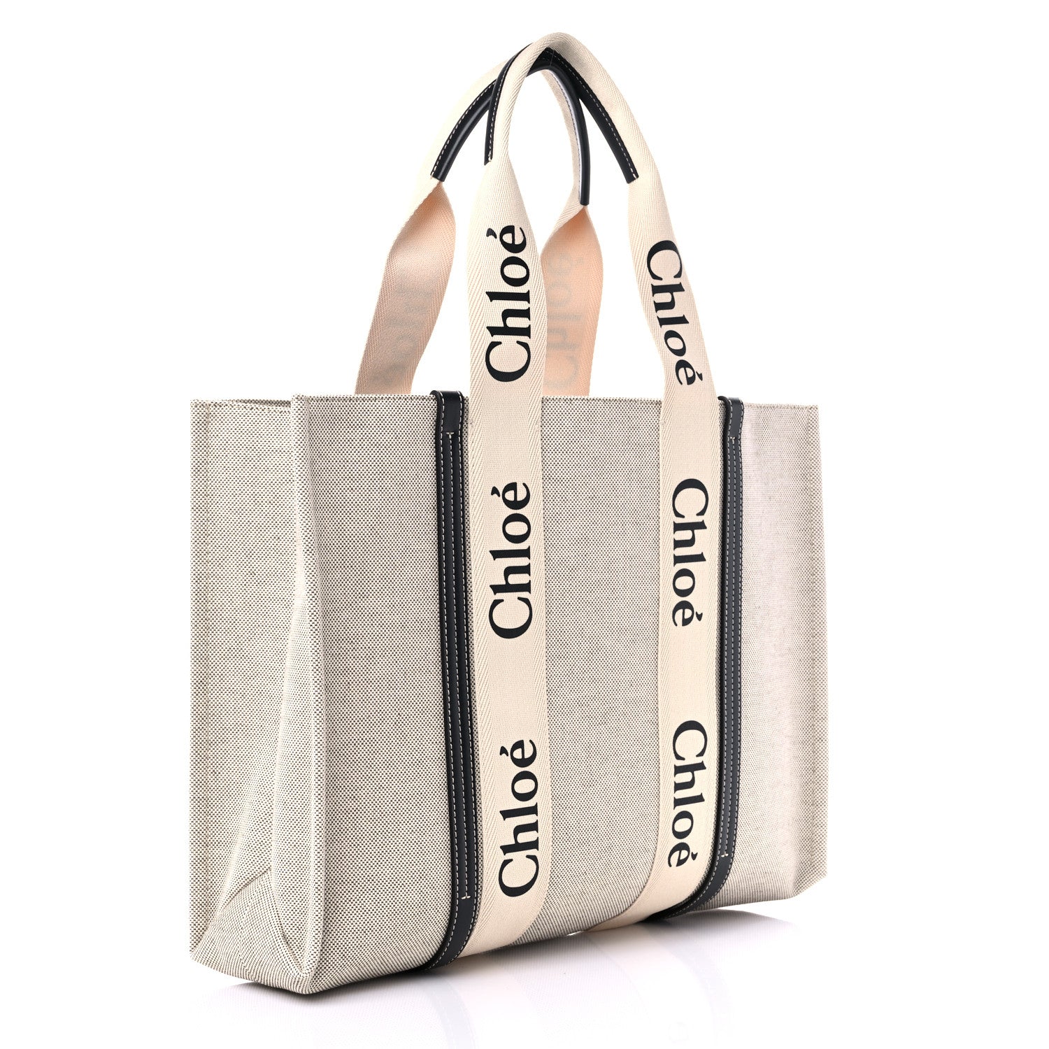 Chloe Cotton Calfskin Large Woody Ribbon Tote White Black 2 of 8