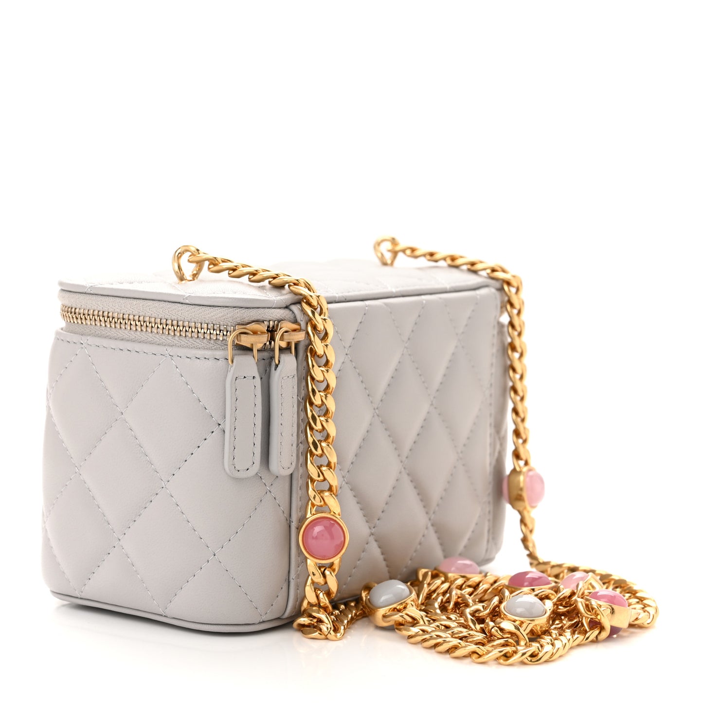 Lambskin Resin Quilted Vanity Case With Chain Grey