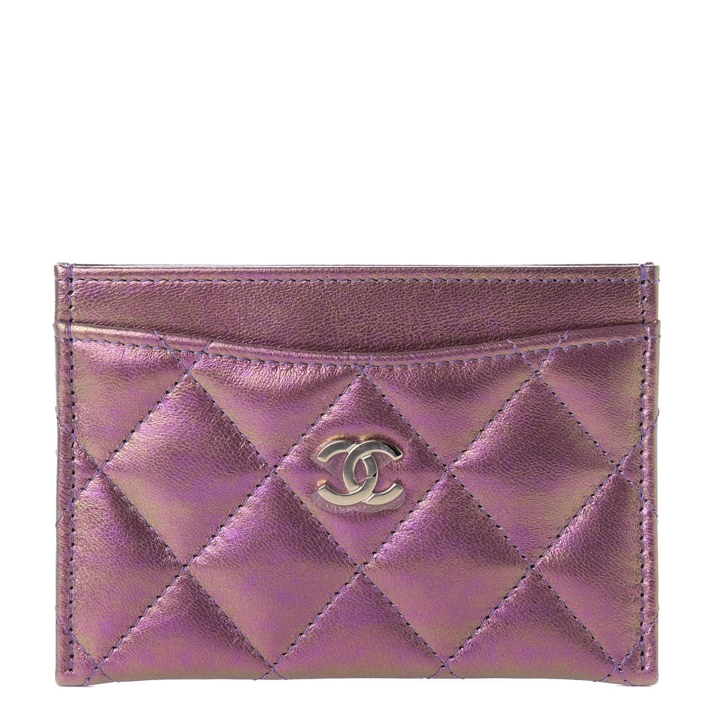 Iridescent Lambskin Quilted Card Holder Purple