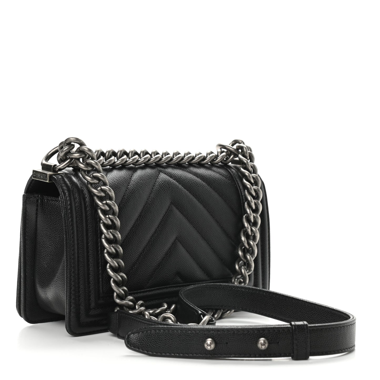 Caviar Chevron Quilted Small Boy Flap Black