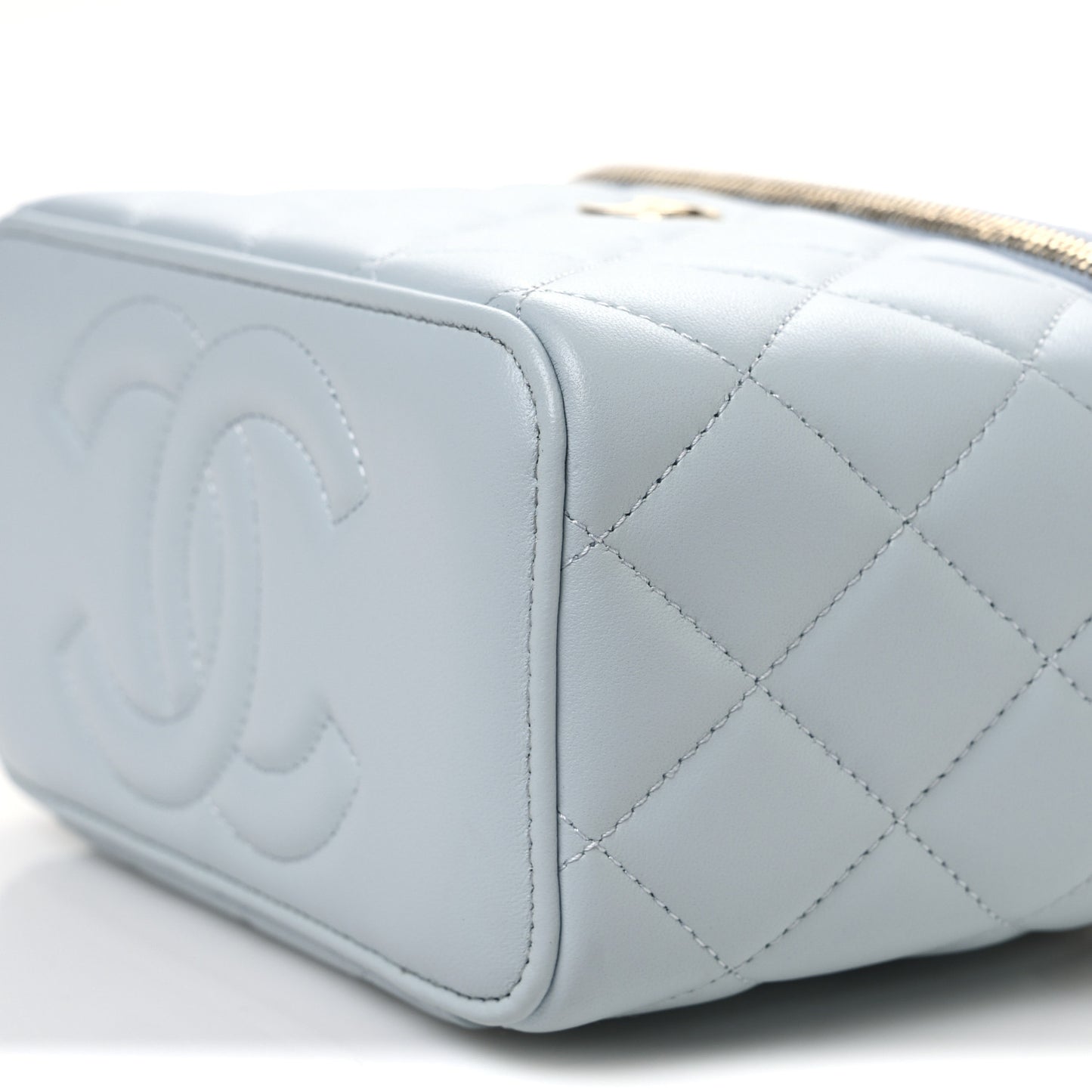 Lambskin Quilted Small Top Handle Vanity Case With Chain Light Blue
