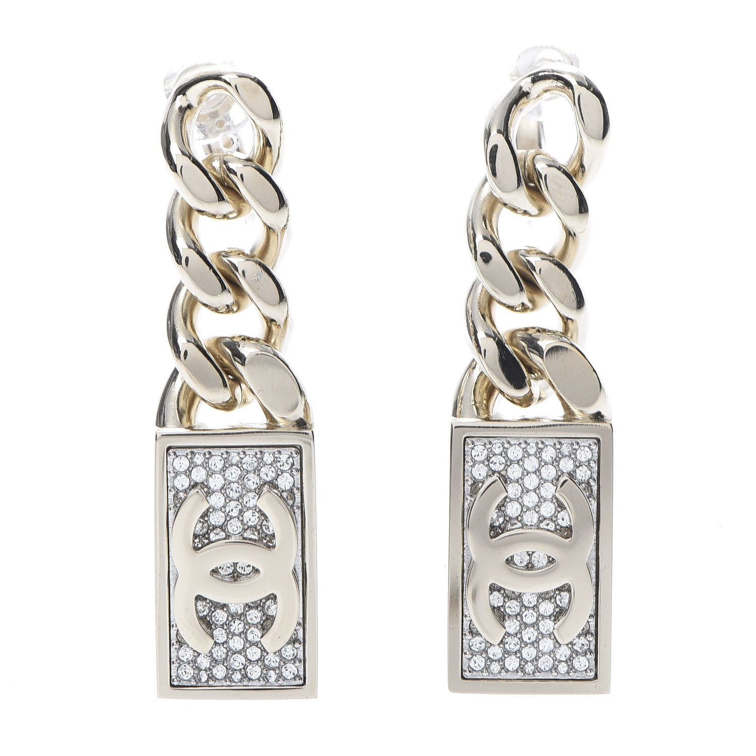 Chanel Crystal Dog Tag Charm Earrings Gold 1 of 5