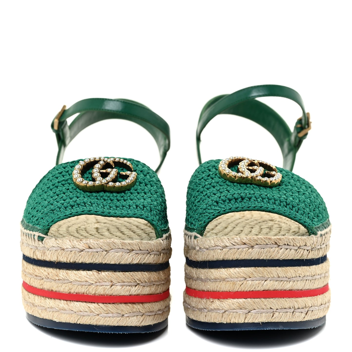Cotton Malaga Kid Crochet Pearly GG Lilibeth Espadrille Platform Sandals 39.5 Emerald