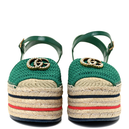 Gucci Cotton Malaga Kid Crochet Pearly GG Lilibeth Espadrille Platform Sandals 39.5 Emerald 2 of 13