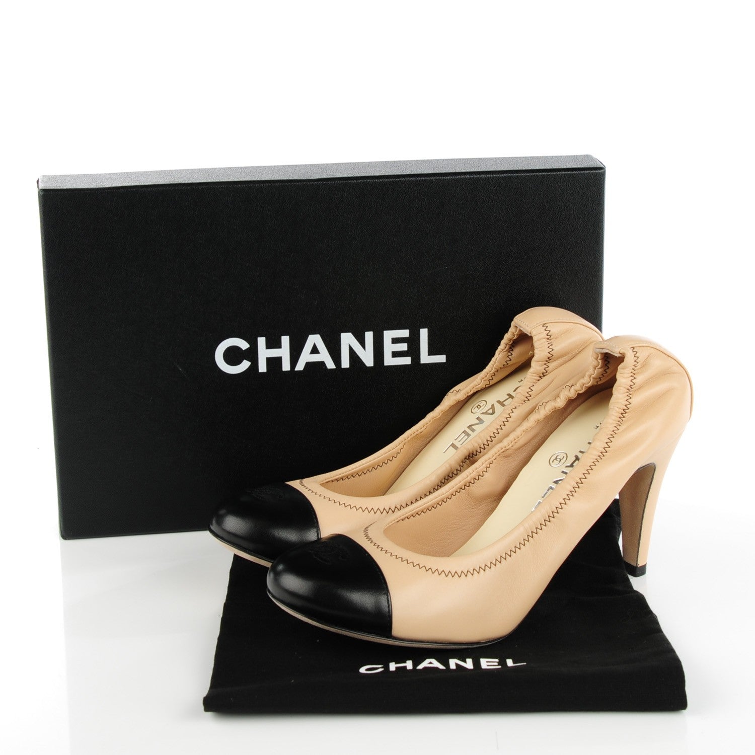 Chanel Lambskin Elastic Cap Toe Pumps 38.5 Beige Black 5 of 8