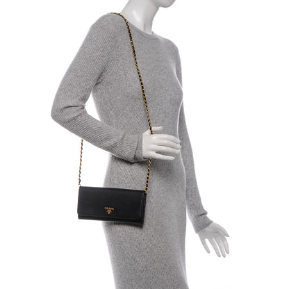 Prada Saffiano Metal Oro Chain Wallet Nero Black 2 of 6