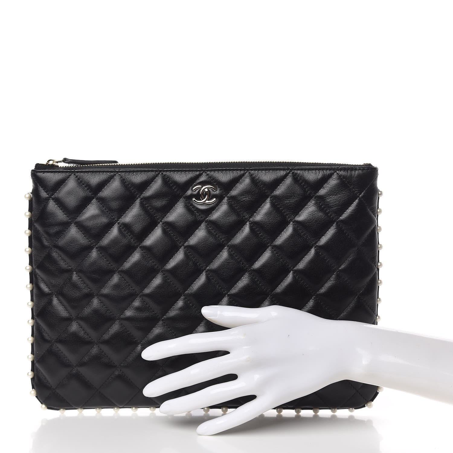 Chanel Calfskin Quilted Pearl Medium Cosmetic Case Black 2 of 11
