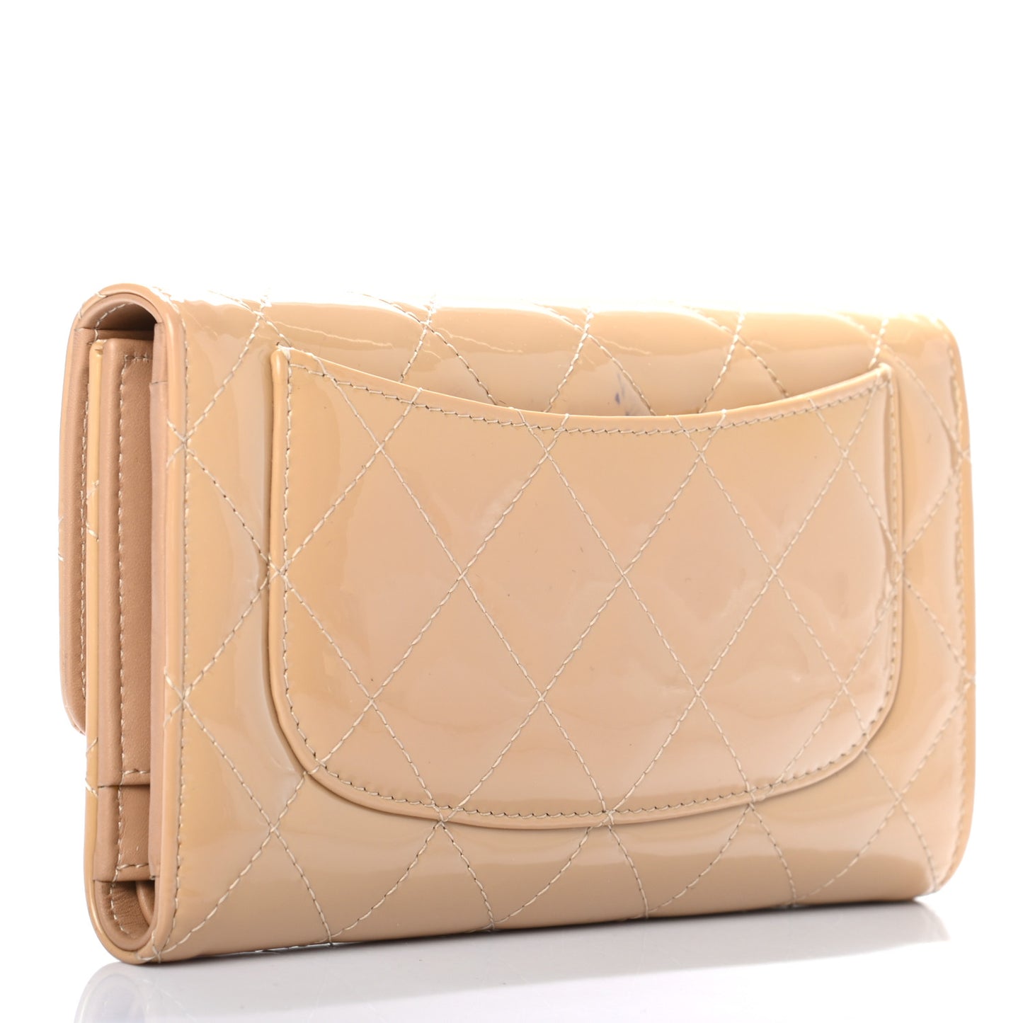 Patent Quilted Large Flap Wallet Beige
